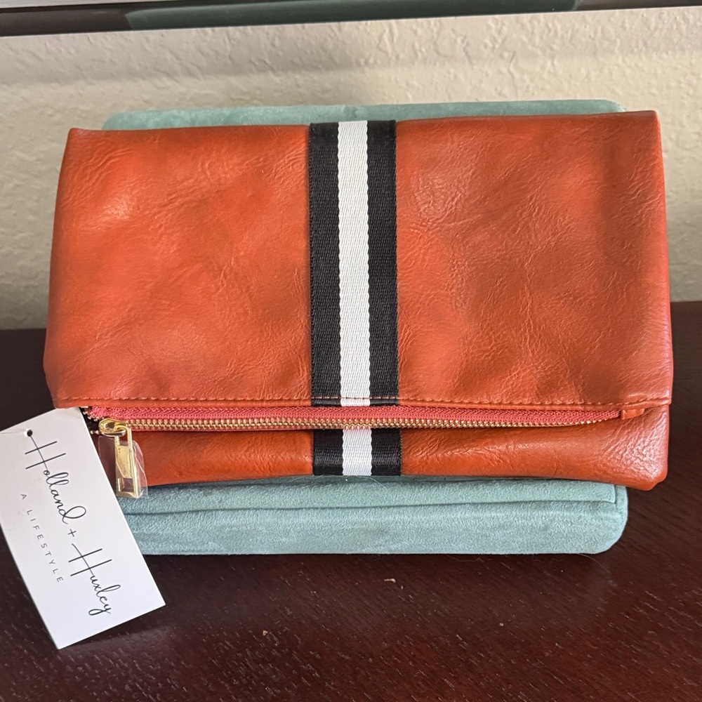 Cognac Clutch with Stripe Detail